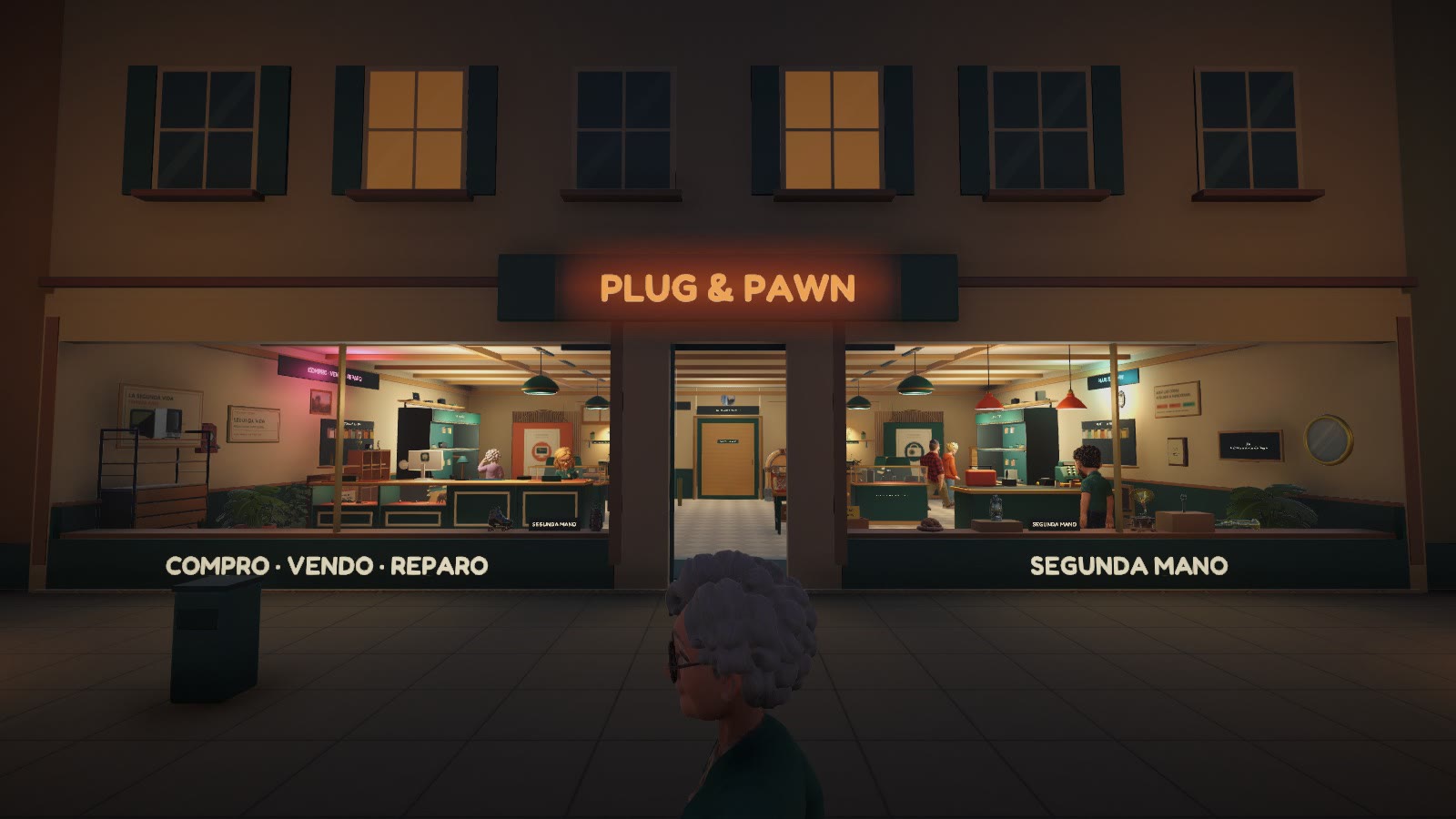 The Plug & Pawn storefront at dusk, with customers inside the shop